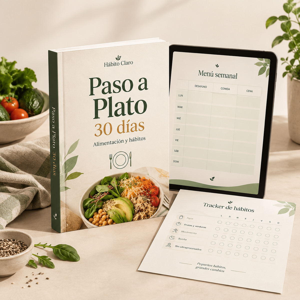 Mockup editorial del e-book Paso a Plato de 30 días con menú semanal y tracker de hábitos